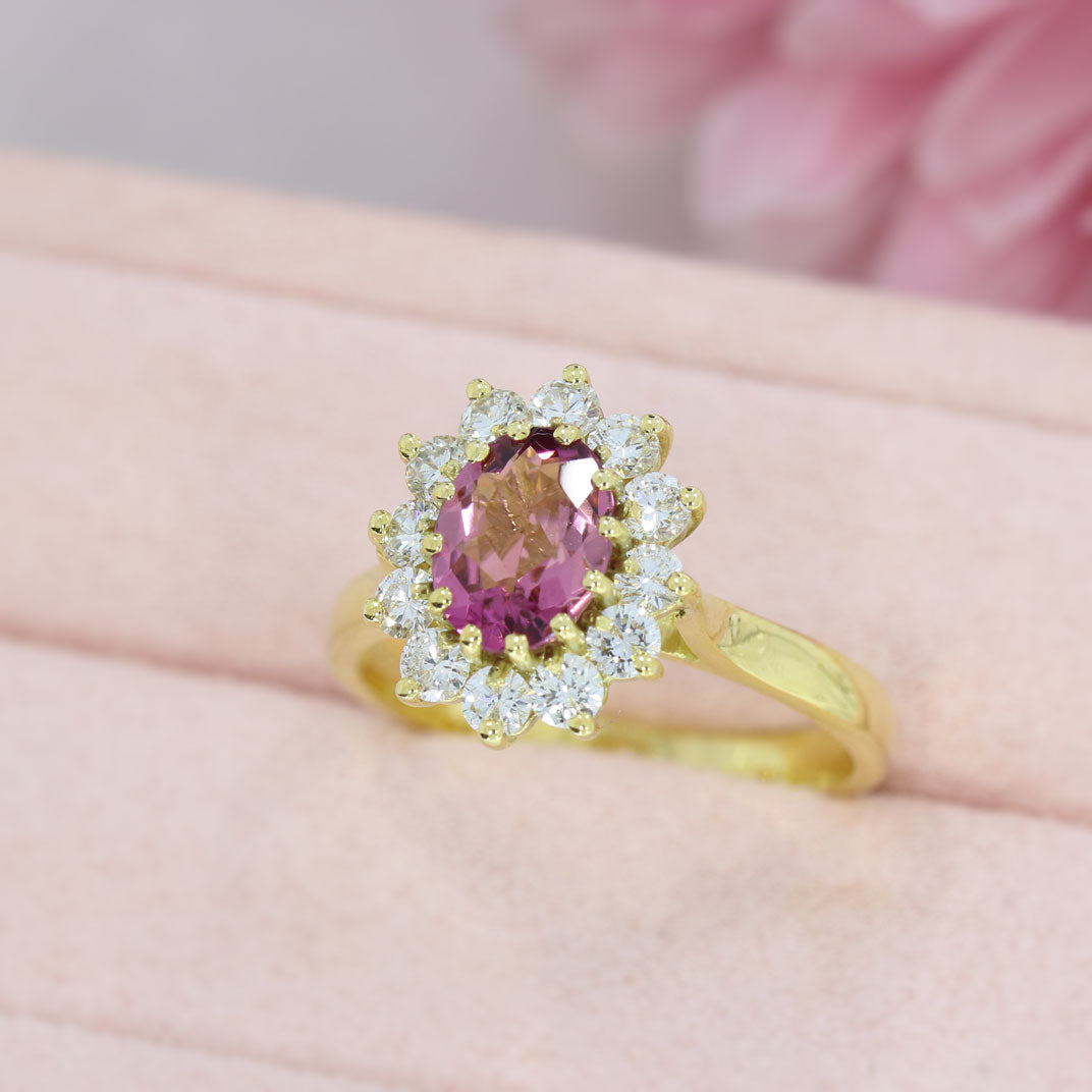 18ct Yellow Gold Oval Pink Tourmaline & Diamond Cluster Ring