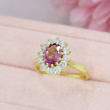 18ct Yellow Gold Oval Pink Tourmaline & Diamond Cluster Ring