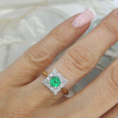 14ct Yellow Gold Square Emerald & Diamonds Cluster Ring