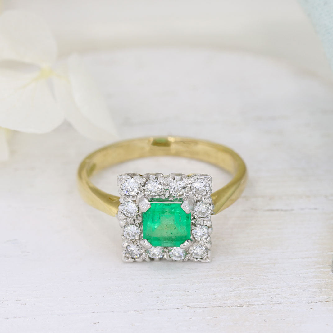 14ct Yellow Gold Square Emerald & Diamonds Cluster Ring