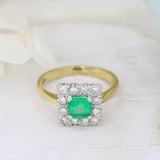 14ct Yellow Gold Square Emerald & Diamonds Cluster Ring
