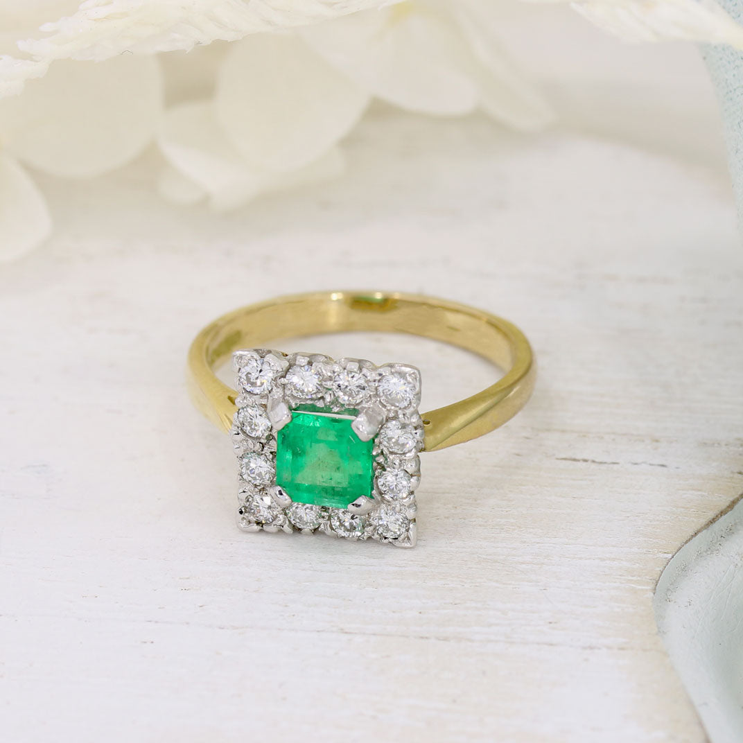 14ct Yellow Gold Square Emerald & Diamonds Cluster Ring