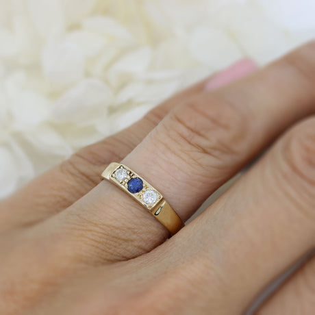 9ct Yellow Gold 3 Stone Pave Set Sapphire & Diamond Ring