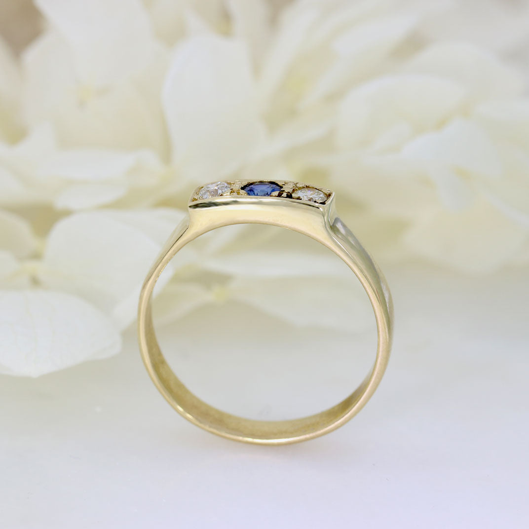 9ct Yellow Gold 3 Stone Pave Set Sapphire & Diamond Ring