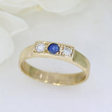 9ct Yellow Gold 3 Stone Pave Set Sapphire & Diamond Ring