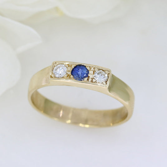 9ct Yellow Gold 3 Stone Pave Set Sapphire & Diamond Ring