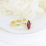 18ct Yellow Gold Rub over Set Marquise Ruby & Diamond Dress Ring