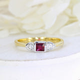 18ct Yellow Gold Ruby & Diamond 3 Stone Ring in a Rub Over Setting.