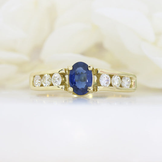 18ct Yellow Gold Oval Claw Set Sapphire & Channel Set Diamond Ring