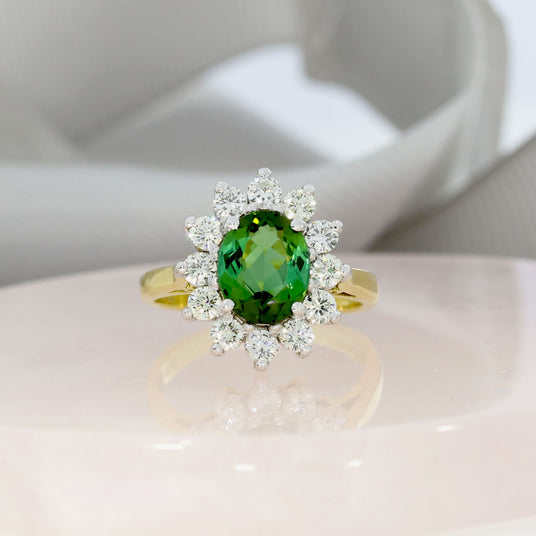 18ct Gold 1.93ct Oval Tourmaline & Diamond Cluster Ring