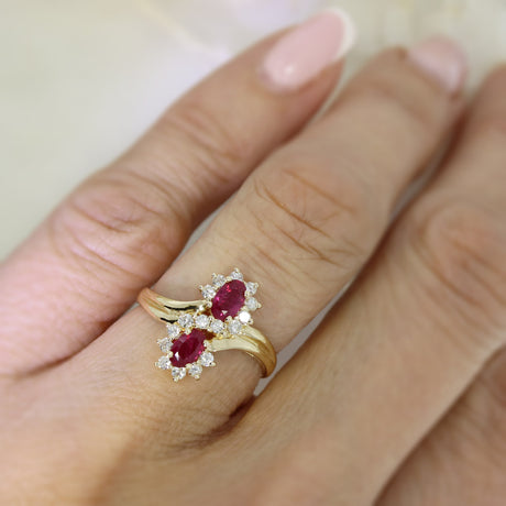 14ct Yellow Gold Ruby & Diamond Double Cluster Crossover Ring
