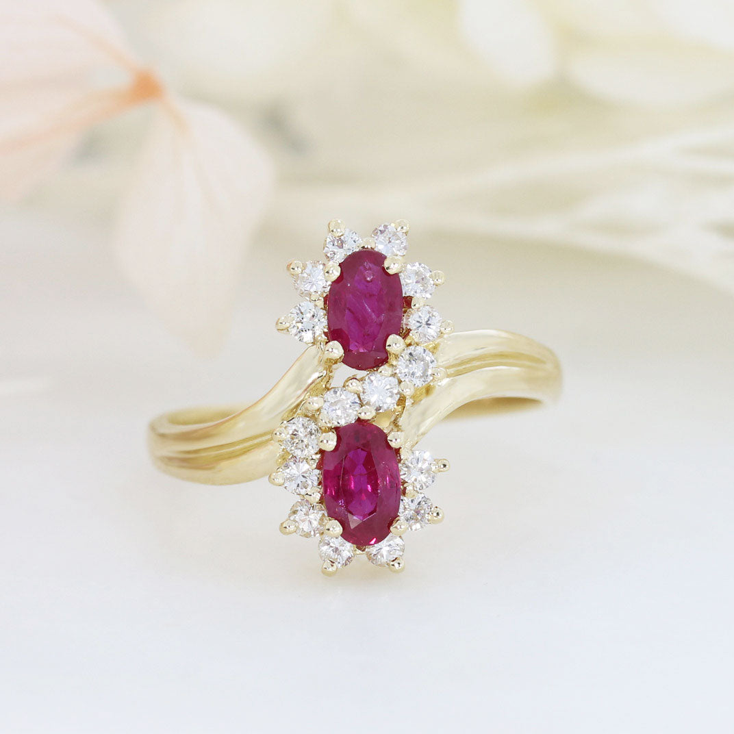 14ct Yellow Gold Ruby & Diamond Double Cluster Crossover Ring