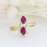 14ct Yellow Gold Ruby & Diamond Double Cluster Crossover Ring
