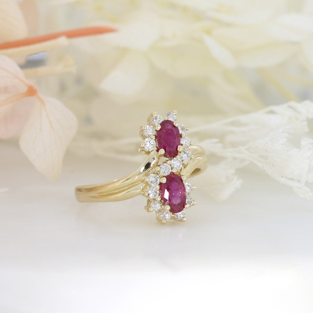 14ct Yellow Gold Ruby & Diamond Double Cluster Crossover Ring