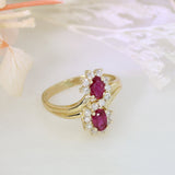 14ct Yellow Gold Ruby & Diamond Double Cluster Crossover Ring