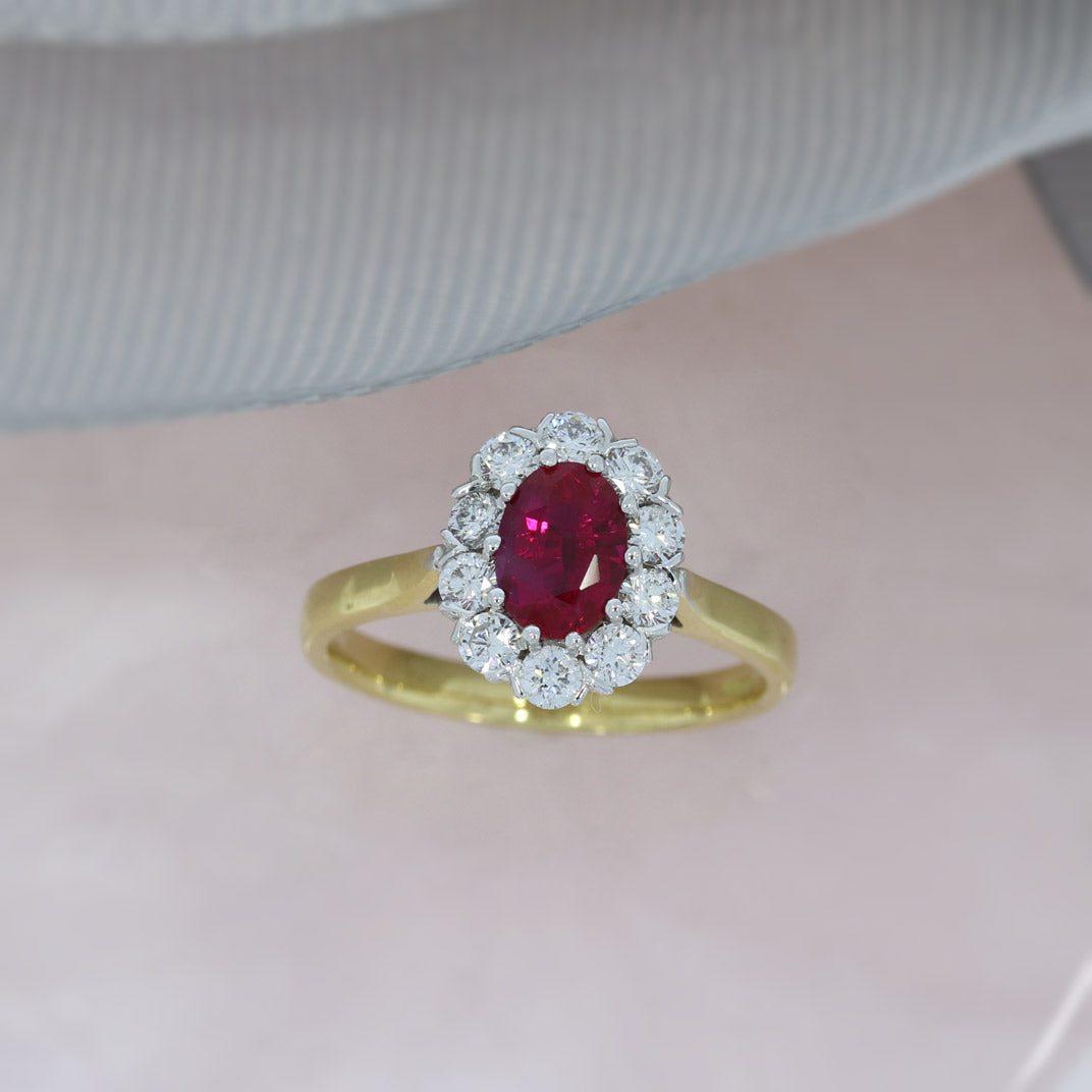 18ct Gold Oval Ruby & Diamond Cluster Ring