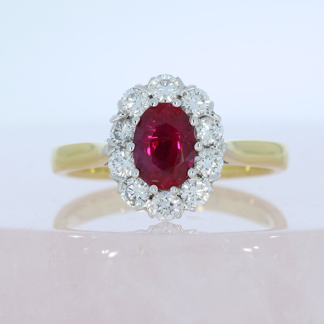 18ct Gold Oval Ruby & Diamond Cluster Ring