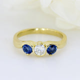 18ct Yellow Gold 3 Stone Sapphire & Diamond Ring.