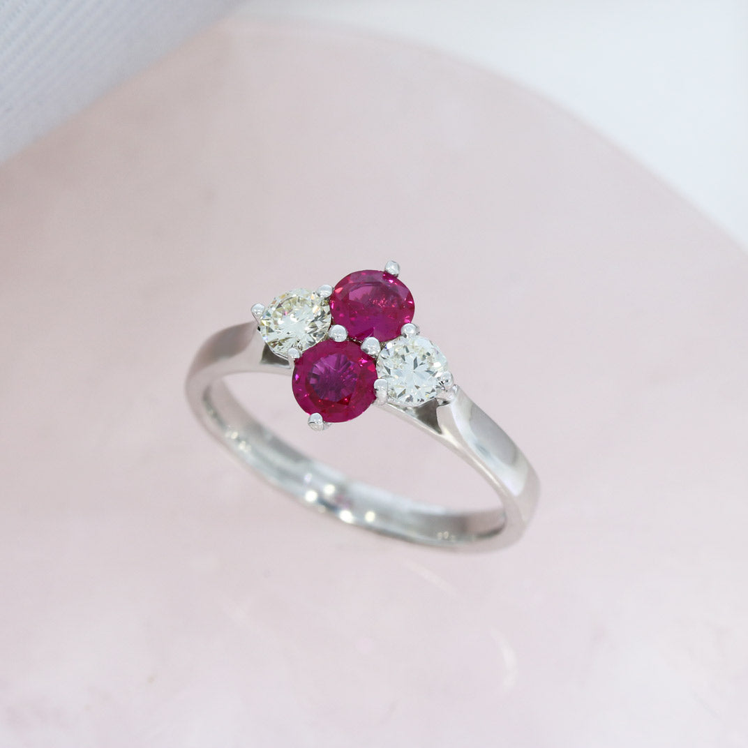 18ct White Gold Claw Set Ruby & Diamond 4 Stone Cluster Ring.