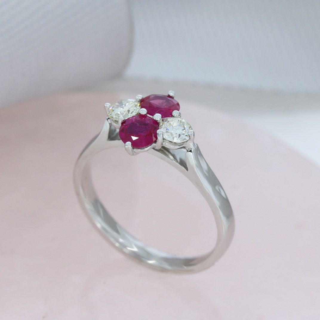 18ct White Gold Claw Set Ruby & Diamond 4 Stone Cluster Ring.