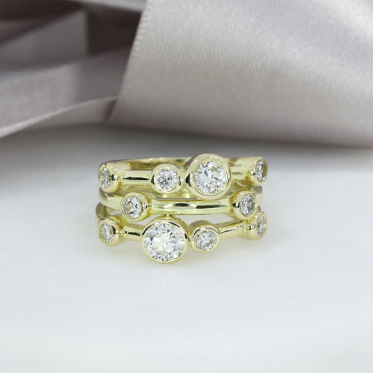 18ct Yellow Gold 3 Row Diamond Bubble Ring 1.39ct