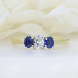 18ct Yellow Gold Oval Claw Set Diamond and Sapphire 3 Stone Ring