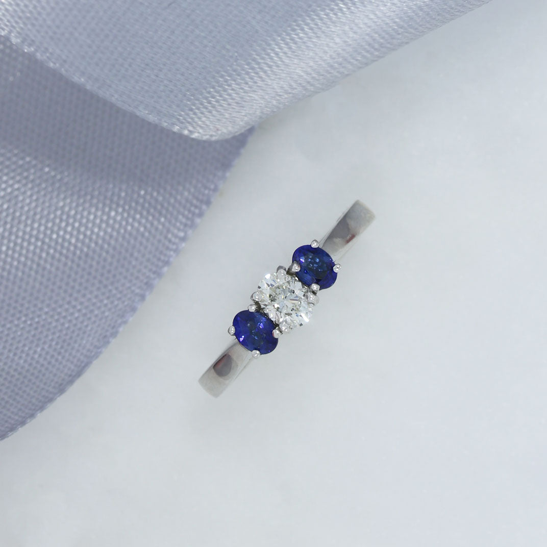 18ct White Gold Oval Diamond and Sapphire 3 Stone Ring