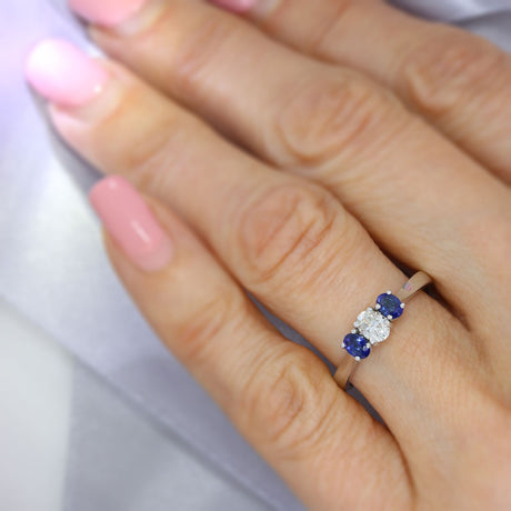 18ct White Gold Oval Diamond and Sapphire 3 Stone Ring