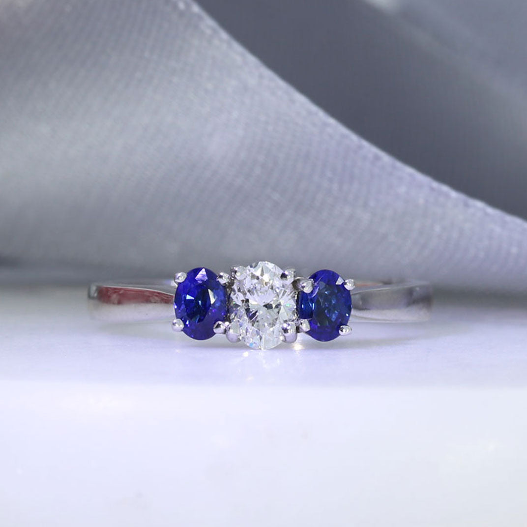 18ct White Gold Oval Diamond and Sapphire 3 Stone Ring