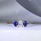 18ct White Gold Oval Diamond and Sapphire 3 Stone Ring