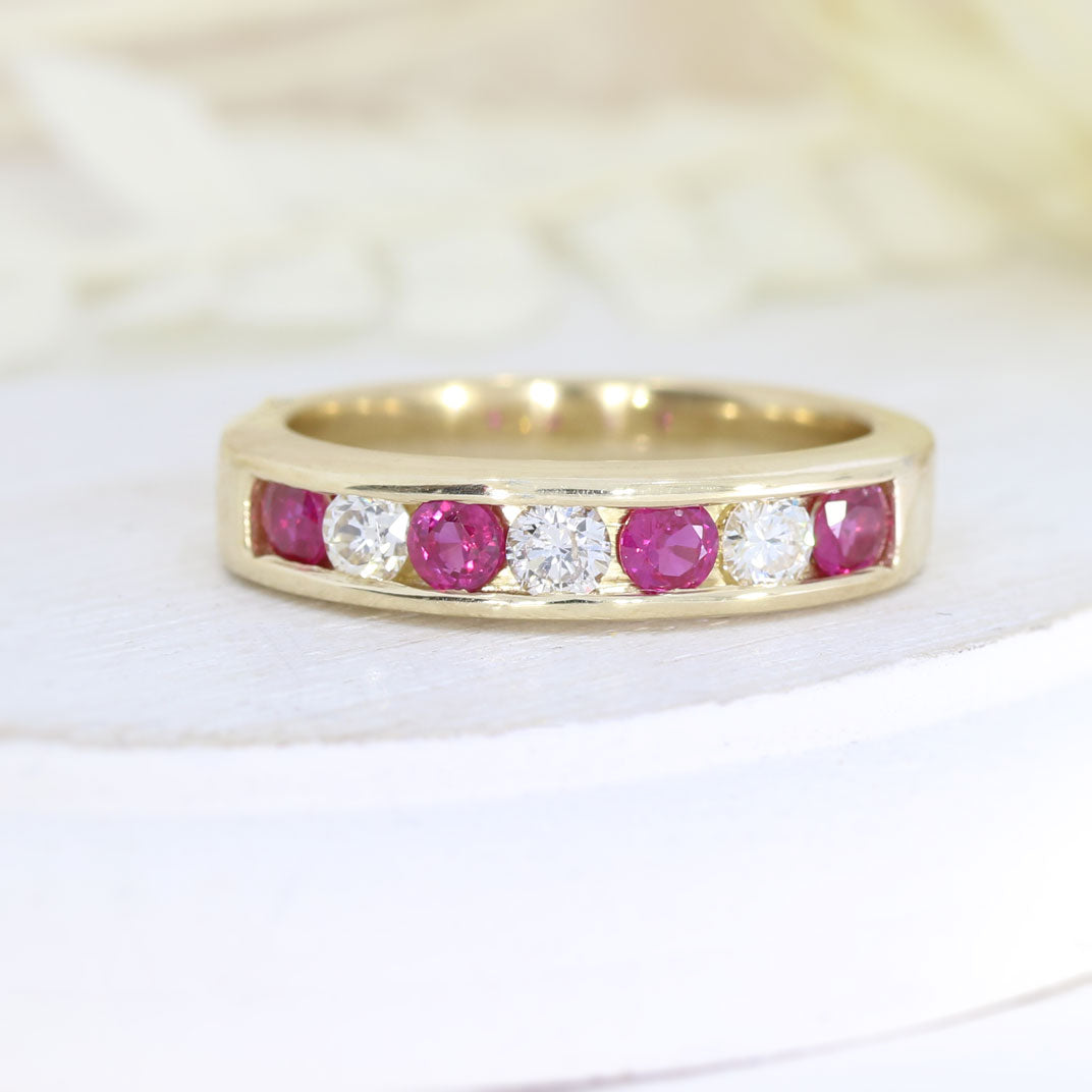 9ct Yellow Gold Channel Set Ruby & Diamond Eternity Ring