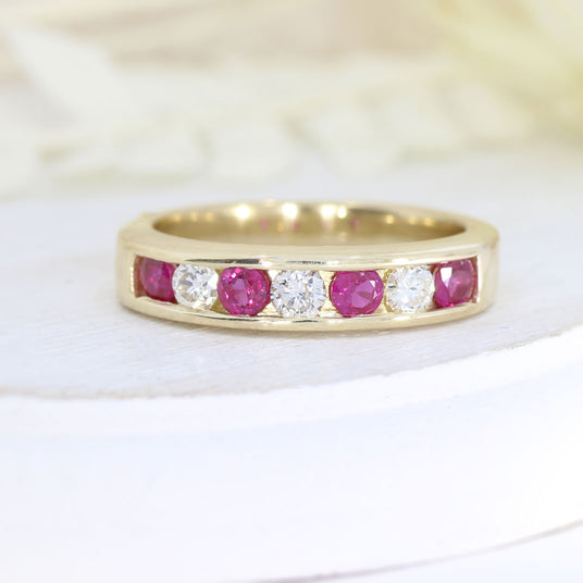 9ct Yellow Gold Channel Set Ruby & Diamond Eternity Ring