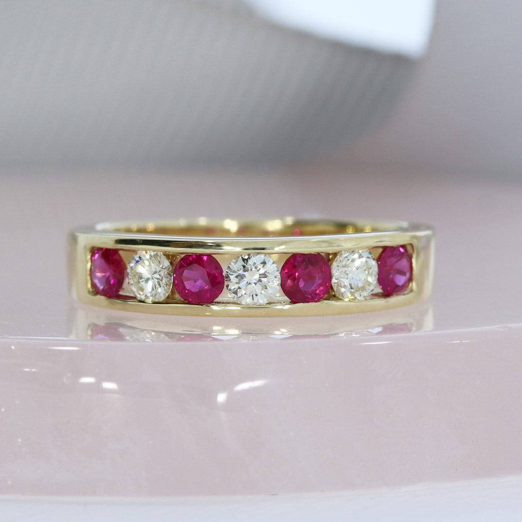9ct Yellow Gold Channel Set Ruby & Diamond Eternity Ring
