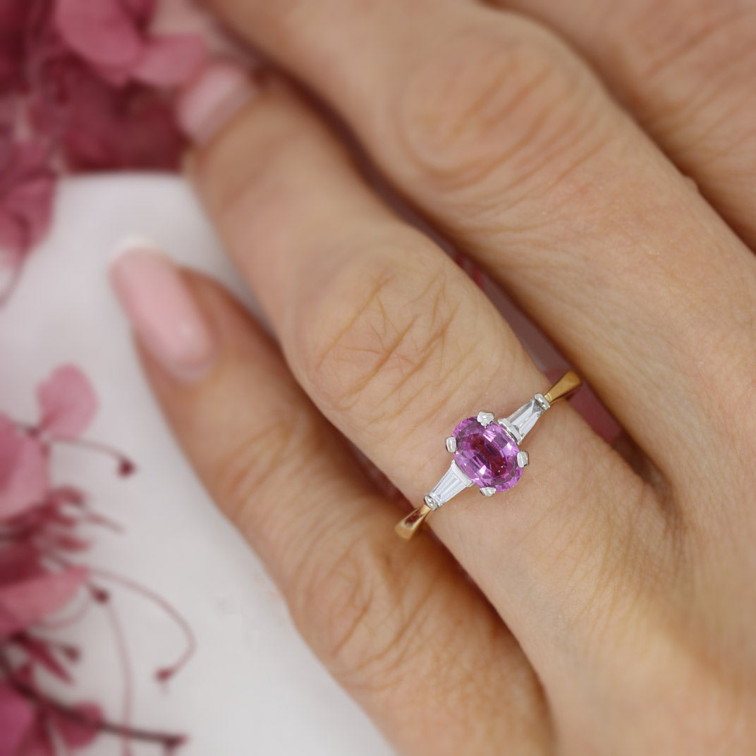 18ct Yellow Gold Pink Sapphire & Diamond 3 Stone Ring