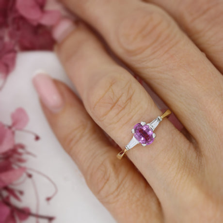 18ct Yellow Gold Pink Sapphire & Diamond 3 Stone Ring
