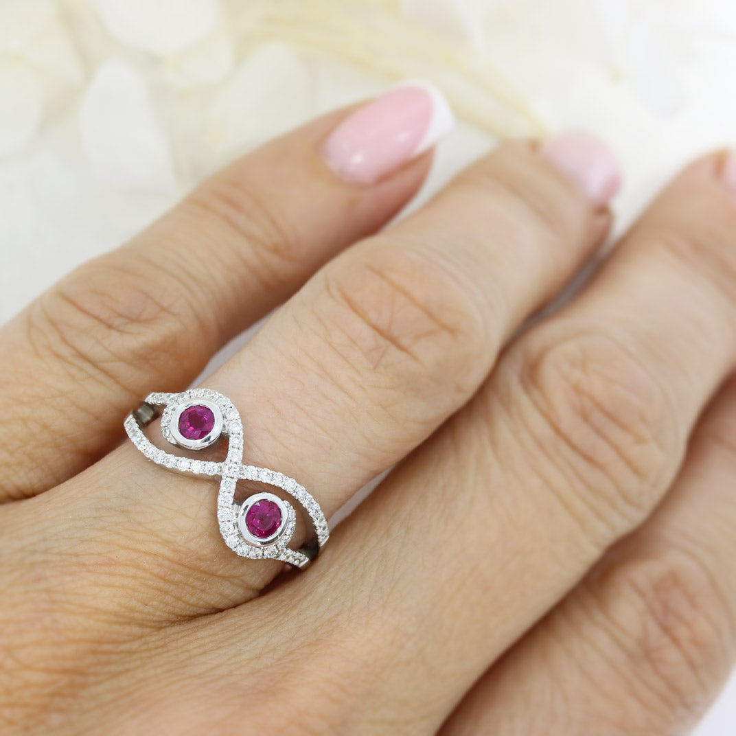 9ct White Gold Ruby & Diamond Crossover Ring