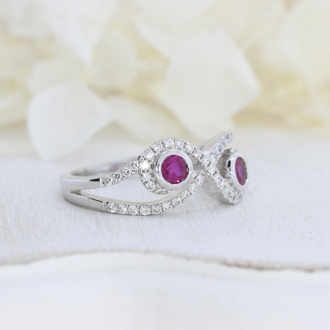 9ct White Gold Ruby & Diamond Crossover Ring