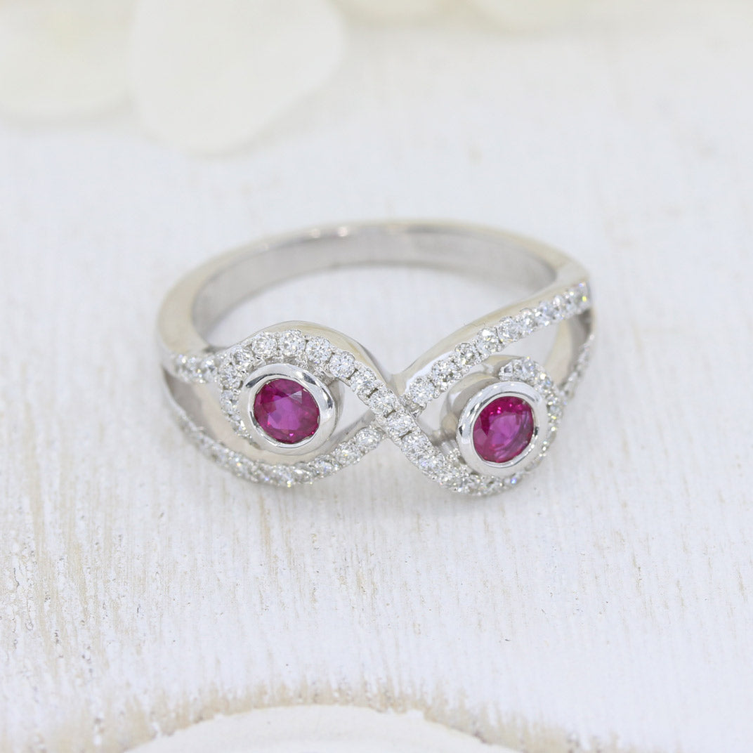 9ct White Gold Ruby & Diamond Crossover Ring