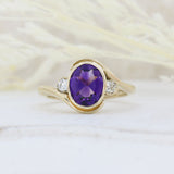 9ct Yellow Gold Oval Amethyst & Diamond Dress Ring