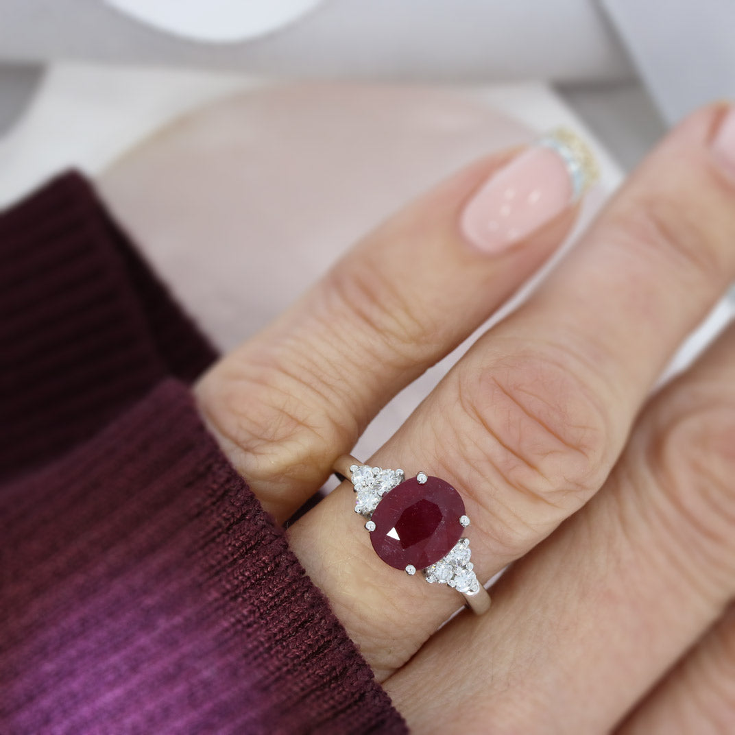 9ct White Gold Oval Glass Filled Ruby & Diamond Dress Ring