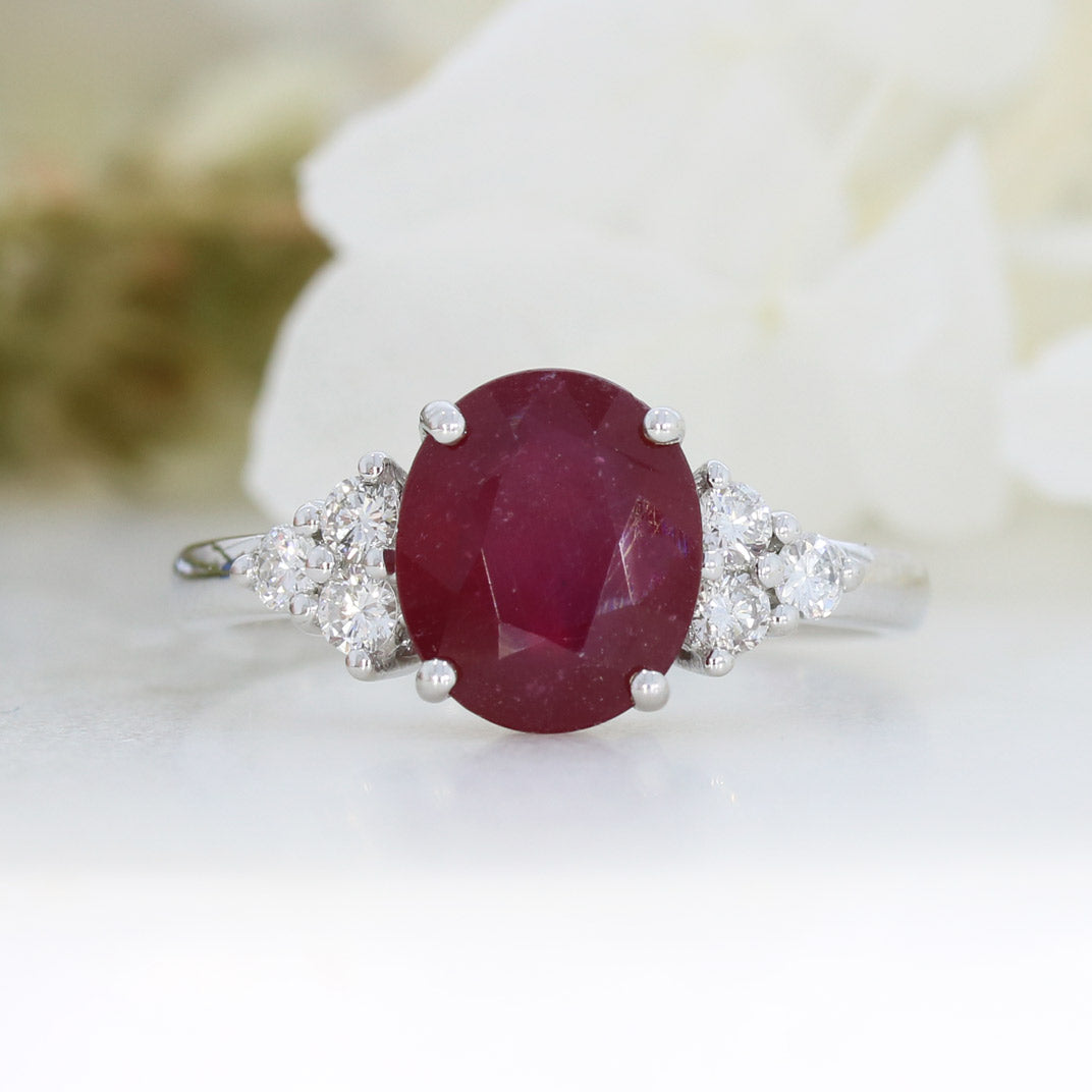 9ct White gold oval glass filled ruby and diamond dress ring