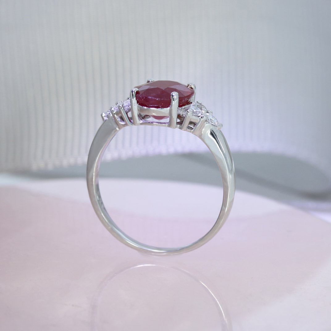 9ct White Gold Oval Glass Filled Ruby & Diamond Dress Ring