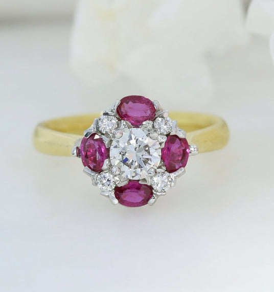 18ct Yellow Gold Round Diamond and Oval Ruby Cluster Ring