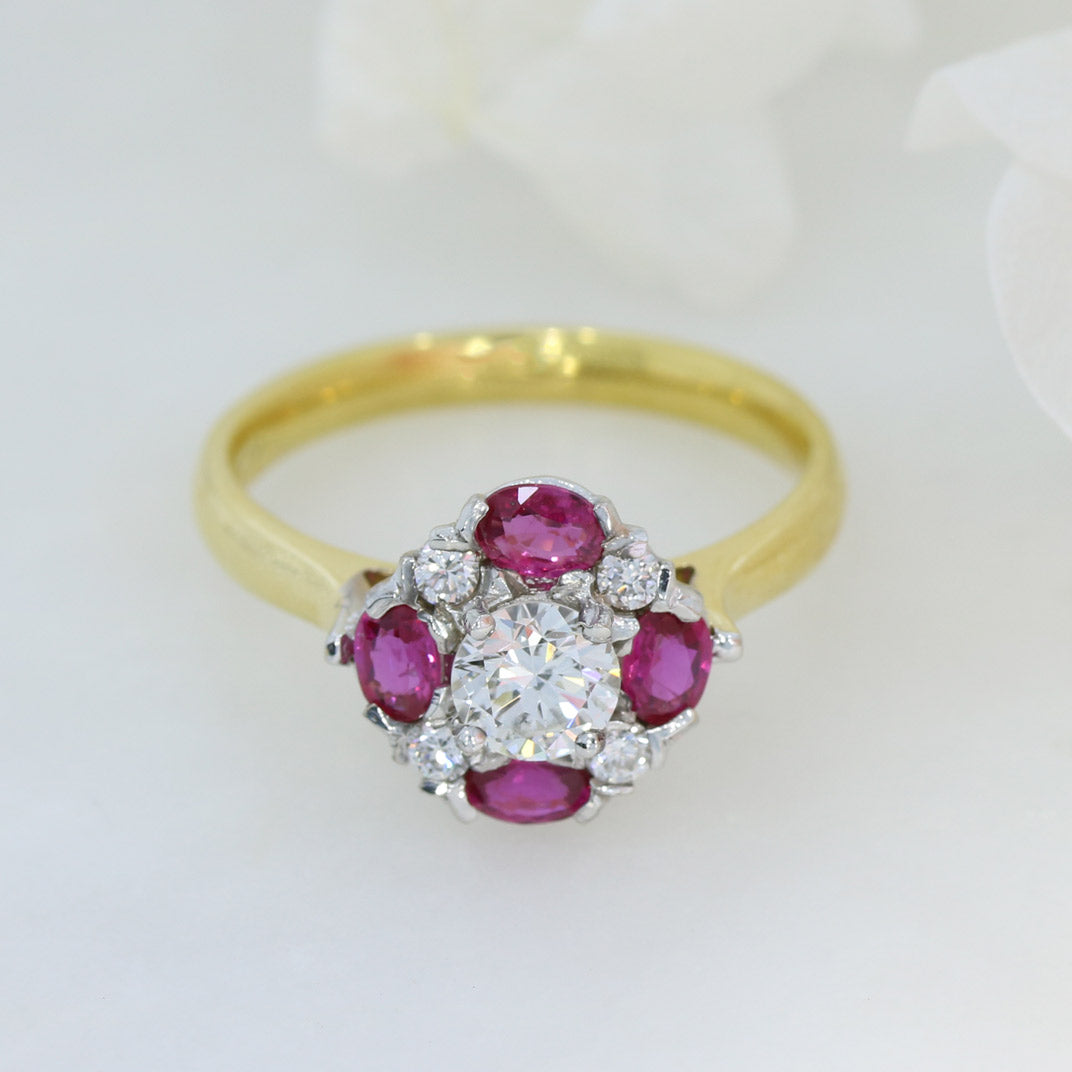 18ct Yellow Gold Round Diamond and Oval Ruby Cluster Ring