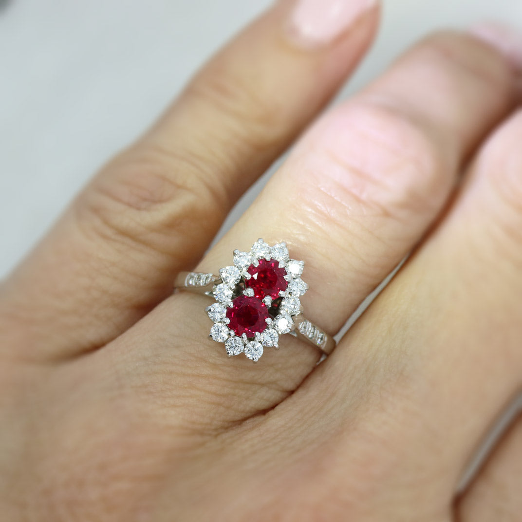 18ct White Gold Ruby & Diamond Cluster Ring With Pave Set Shoulders