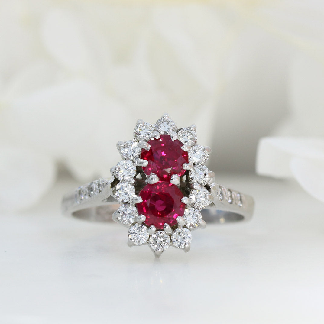 18ct White Gold Ruby & Diamond Cluster Ring With Pave Set Shoulders