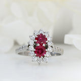 18ct White Gold Ruby & Diamond Cluster Ring With Pave Set Shoulders
