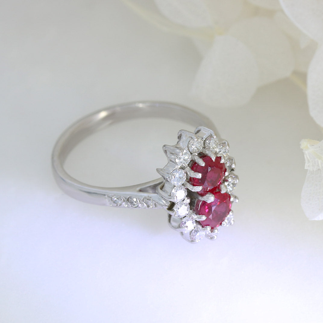 18ct White Gold Ruby & Diamond Cluster Ring With Pave Set Shoulders