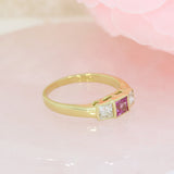 18ct Yellow Gold Square Pink Sapphire & Diamond 3 Stone Ring