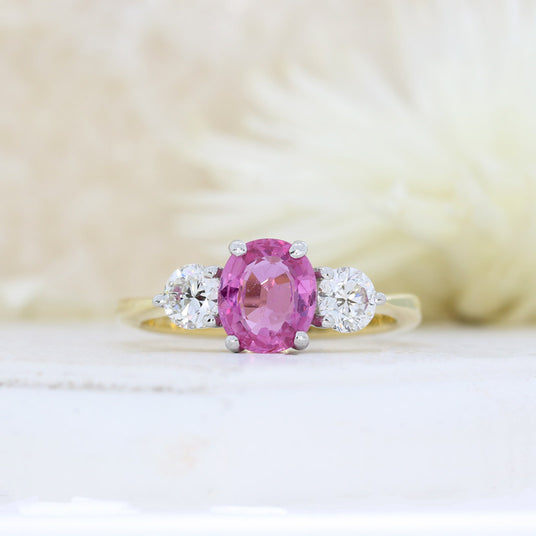 18ct Yellow Gold Claw Set Oval Pink Sapphire & Round Diamond 3 Stone Ring